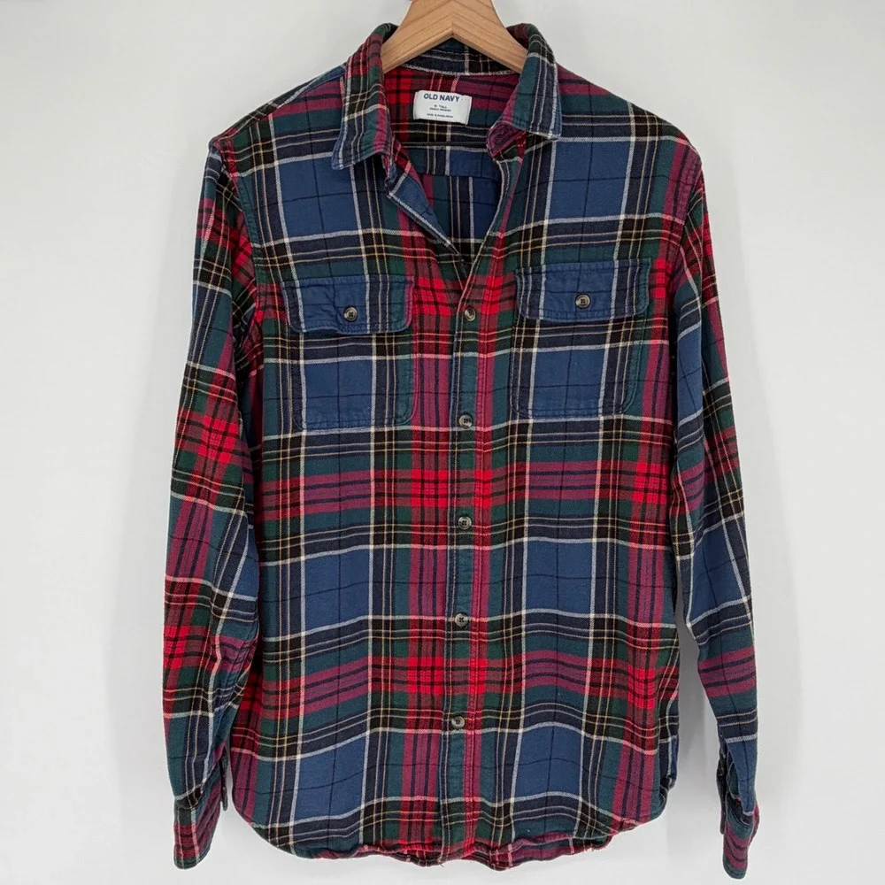 Old Navy Flannel Shirt Mens M Tall Blue Red Double-Brushed Plaid Cabincore Cozy